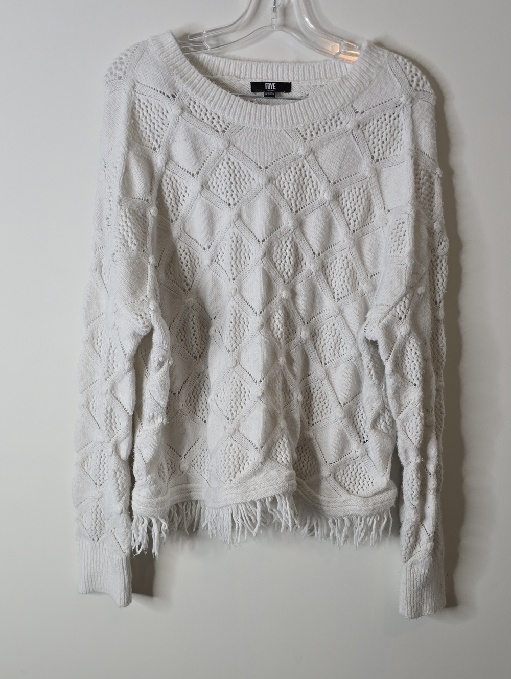 Frye White Pointelle Fringe Crew Sweater